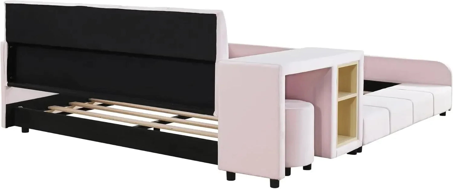 Velvet Upholstered Grounded Bed Platform Bed, Wooden Full Size Mother & Child Bed Frame with Bedside Desk and Little Round Stool