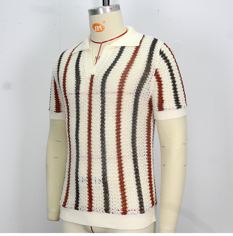 Men's Summer Chunky Knit Short-Sleeve Polo Shirt With Stripes And Contrast Colors, Casual Wear For Daily Outings