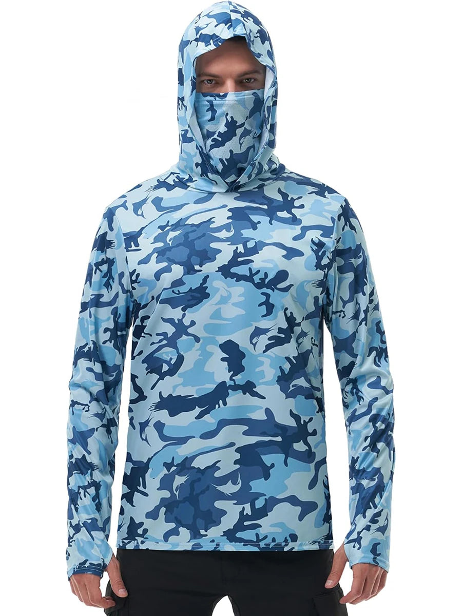 Men s Fishing Shirt Camo Print Hoodie with Built-in Face Mask for Sun Protection and Outdoor Activities like Hiking and Running