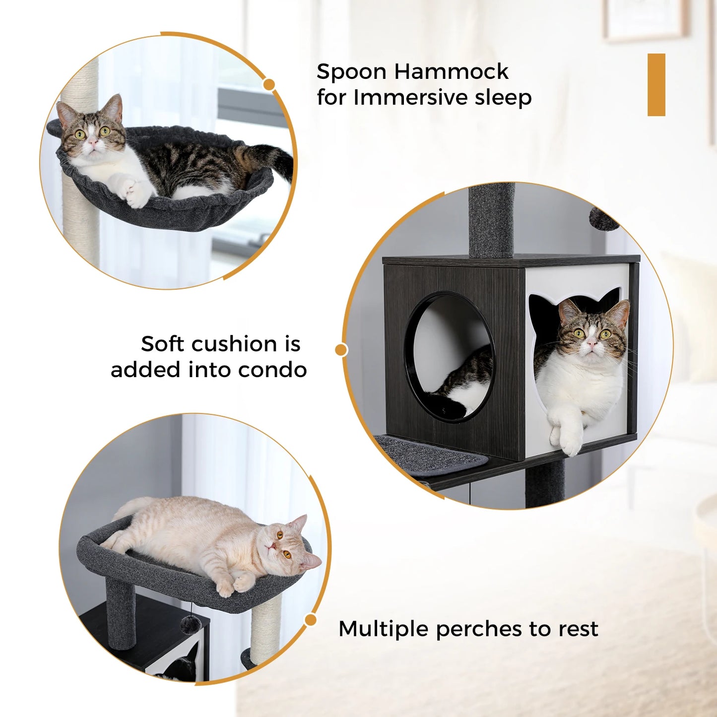 Cat Tree Tower Litter Box Wood Structure Storage with Hammock,Comfy Condo,Anti-Slip Mat,Large Cabinet,Big Platform,Sisal Posts