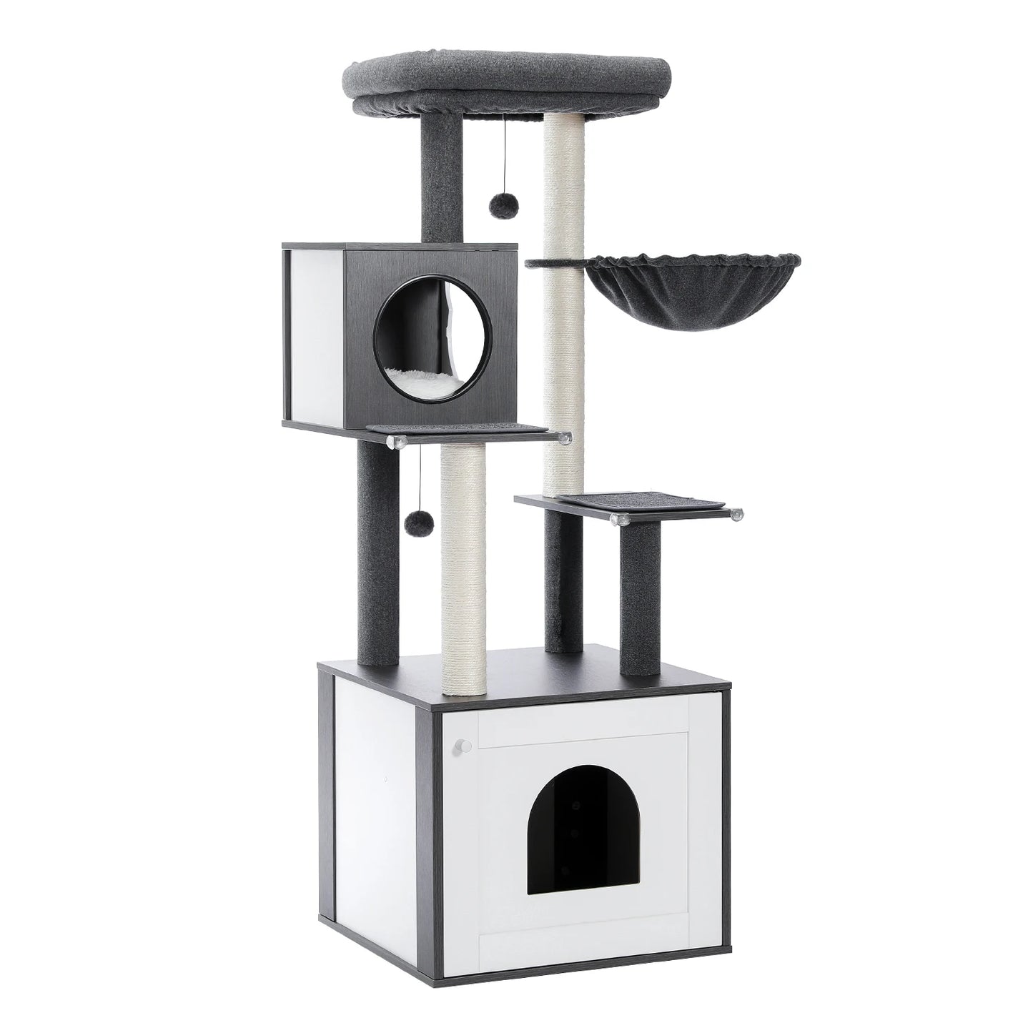 Cat Tree Tower Litter Box Wood Structure Storage with Hammock,Comfy Condo,Anti-Slip Mat,Large Cabinet,Big Platform,Sisal Posts