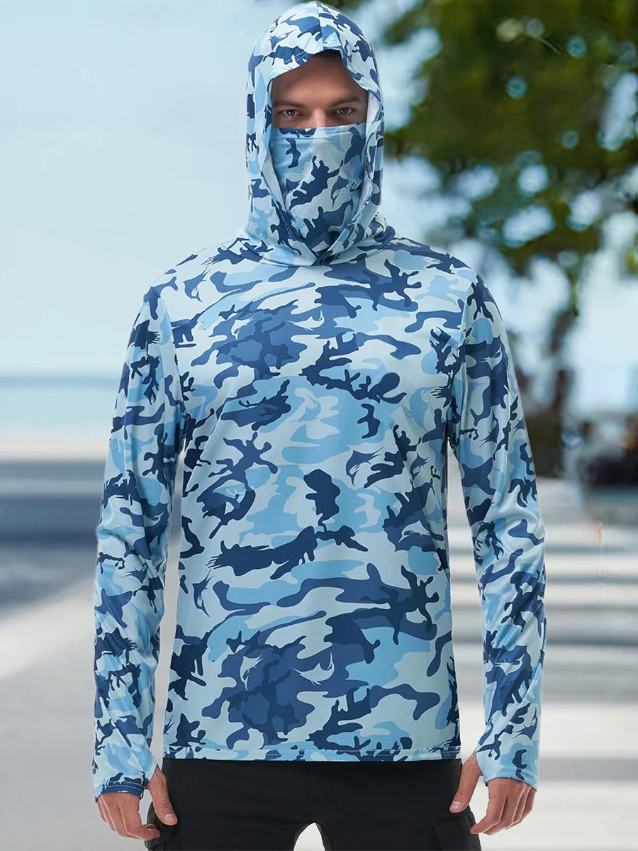 Men s Fishing Shirt Camo Print Hoodie with Built-in Face Mask for Sun Protection and Outdoor Activities like Hiking and Running
