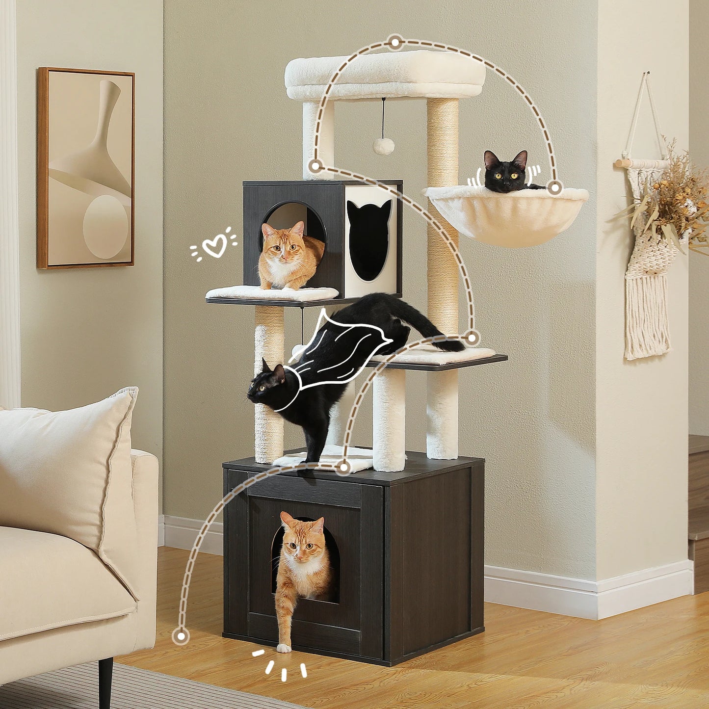 Cat Tree Tower Litter Box Wood Structure Storage with Hammock,Comfy Condo,Anti-Slip Mat,Large Cabinet,Big Platform,Sisal Posts