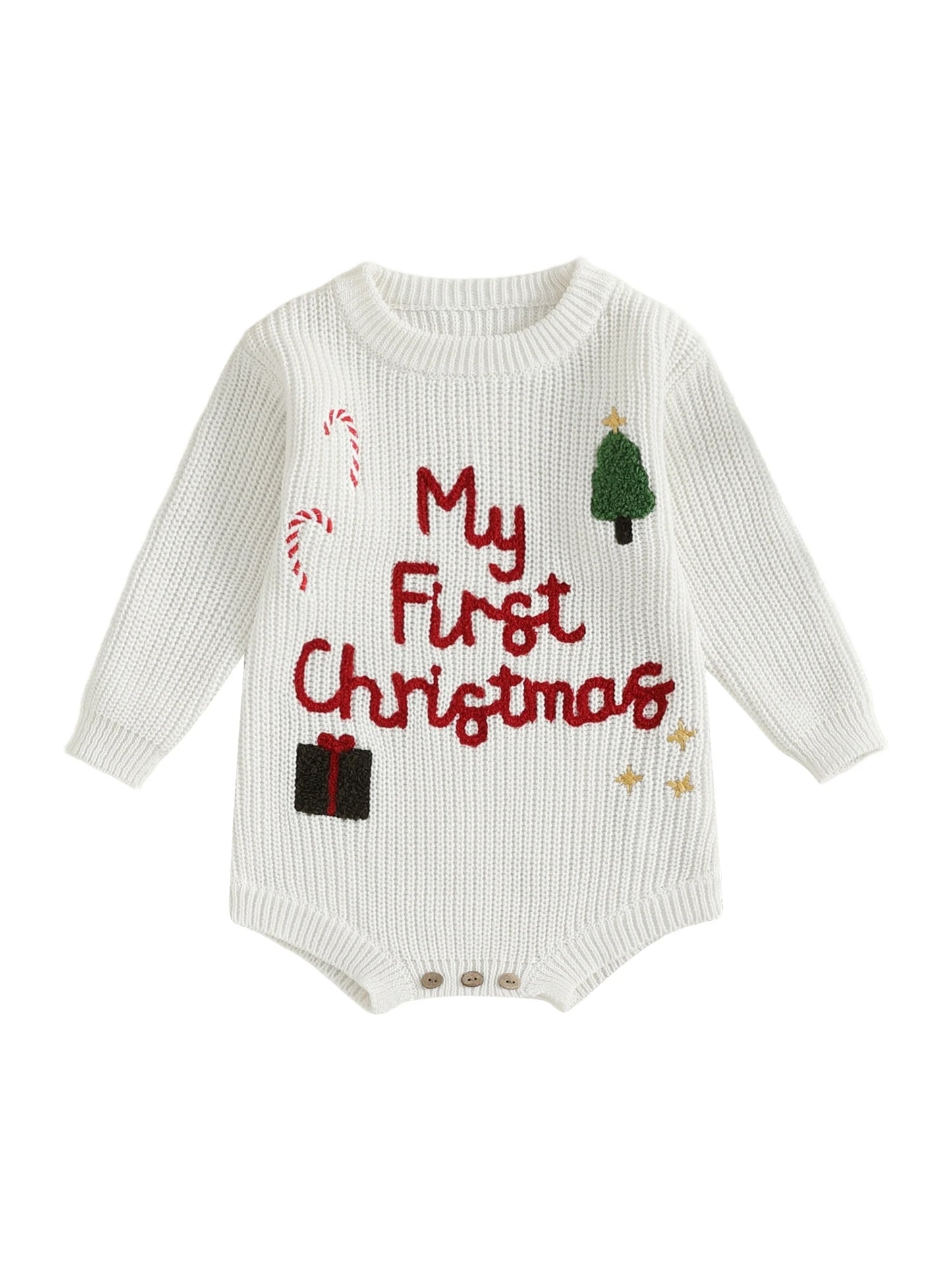 Infant Christmas Romper  with Long Sleeves and Embroidered Candy Cane Design Festive Holiday Jumpsuit for Baby Girl