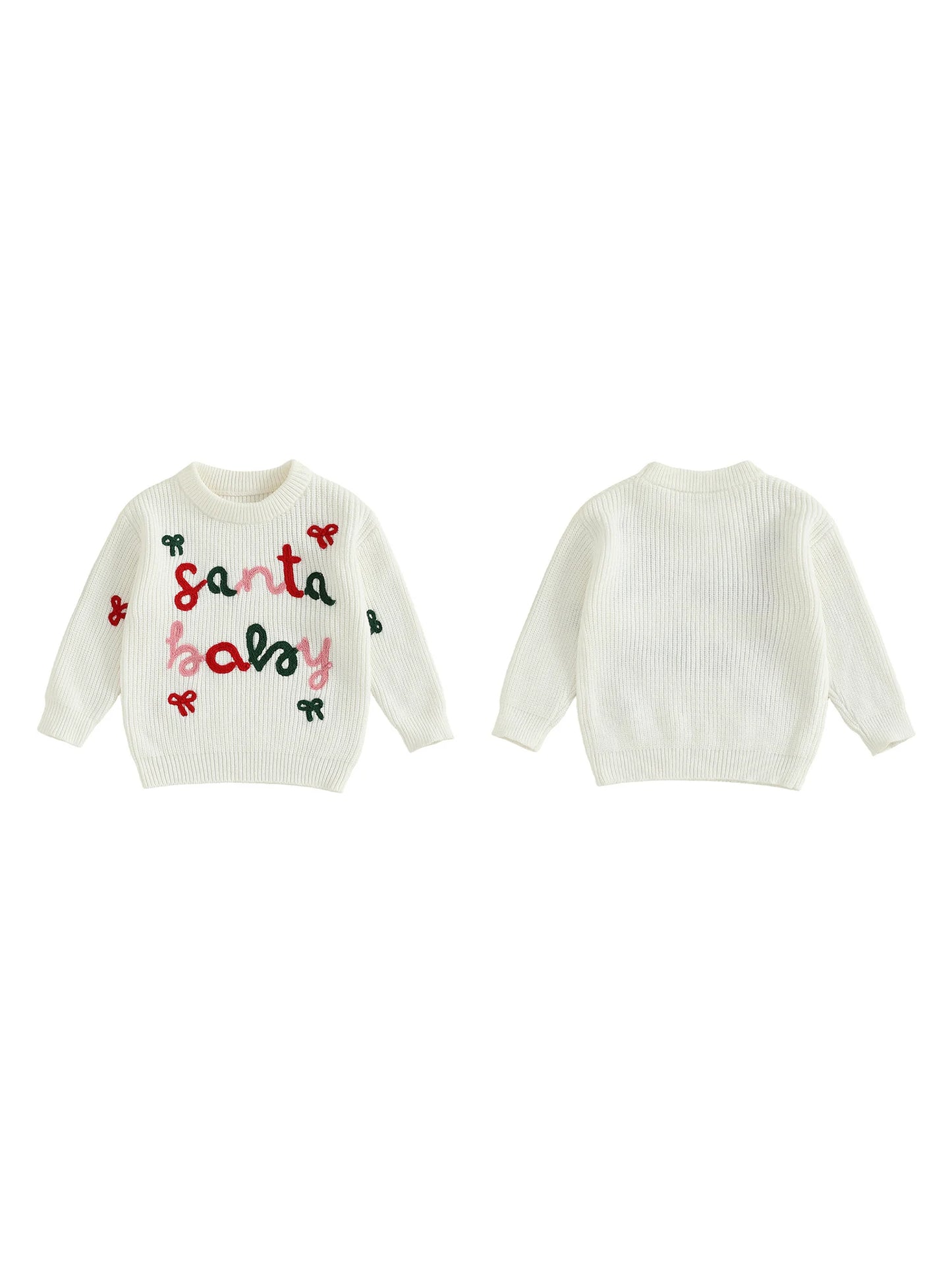 Cute Toddler Christmas Sweaters with Long Sleeves and Round Neckline Adorable Letter and Bow Embroidery Detail on Baby Girl