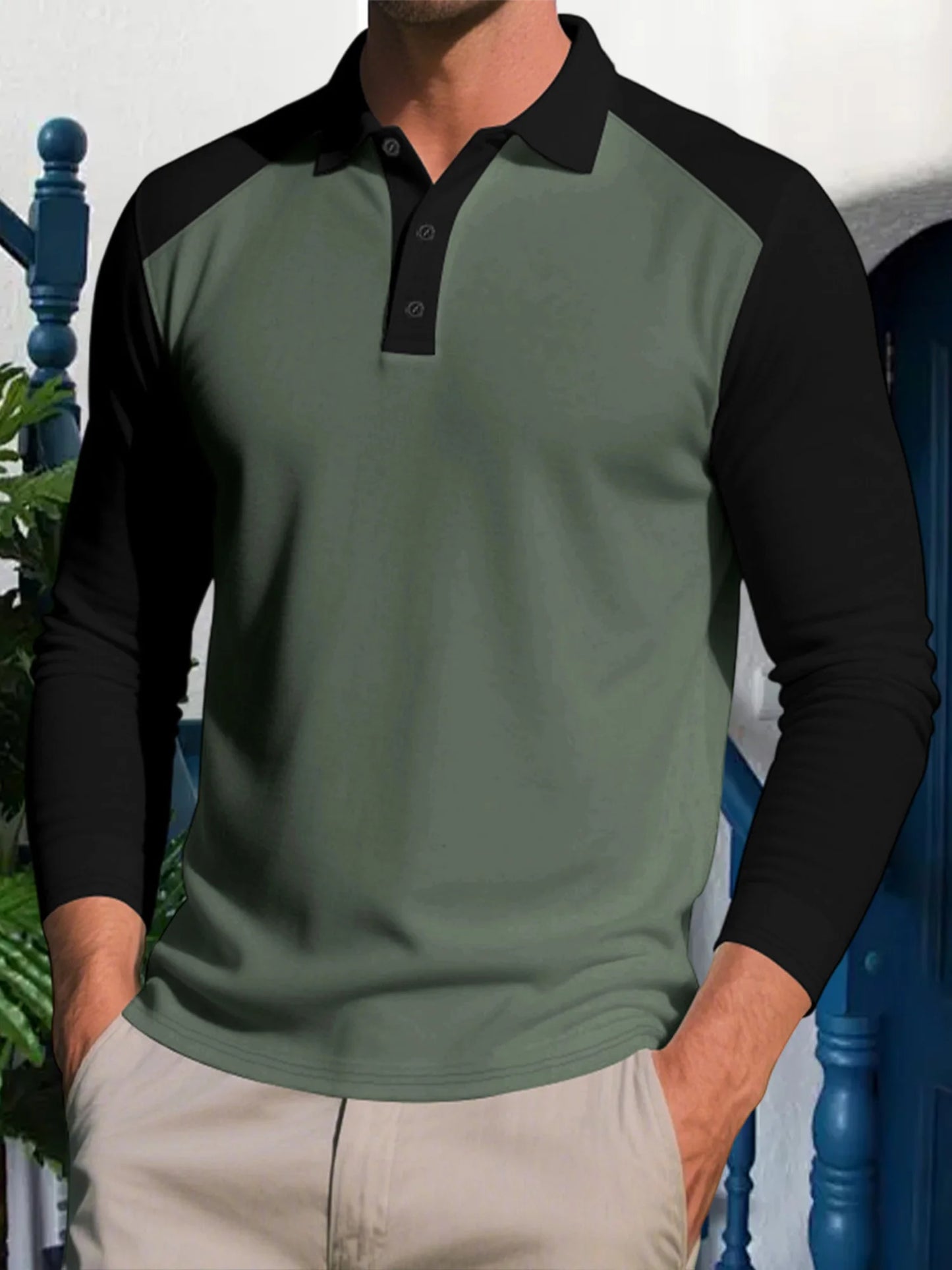 Stylish Men s Long Sleeve T-Shirts with Turn Down Collar and Contrast Color Design for Casual and Workwear Fashion