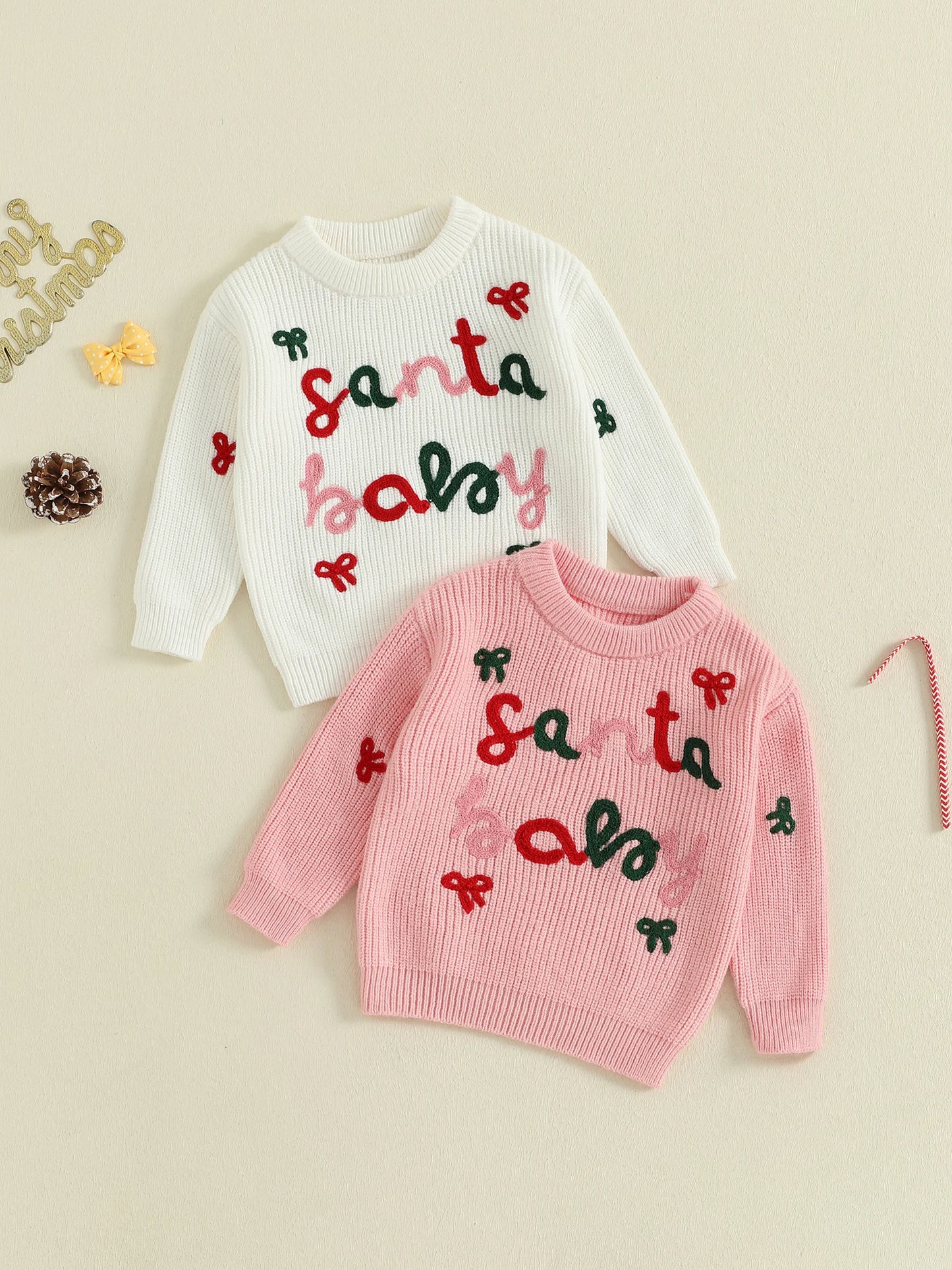 Cute Toddler Christmas Sweaters with Long Sleeves and Round Neckline Adorable Letter and Bow Embroidery Detail on Baby Girl