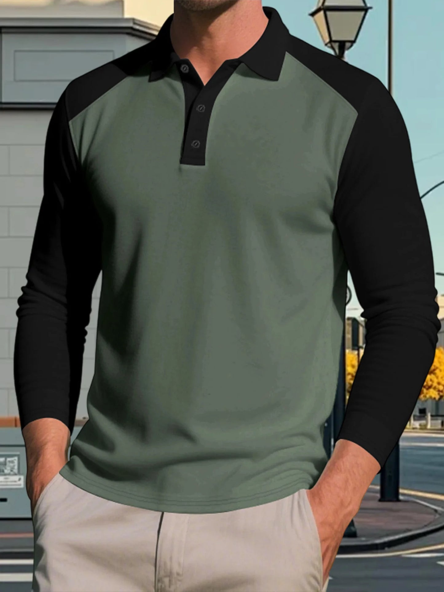 Stylish Men s Long Sleeve T-Shirts with Turn Down Collar and Contrast Color Design for Casual and Workwear Fashion