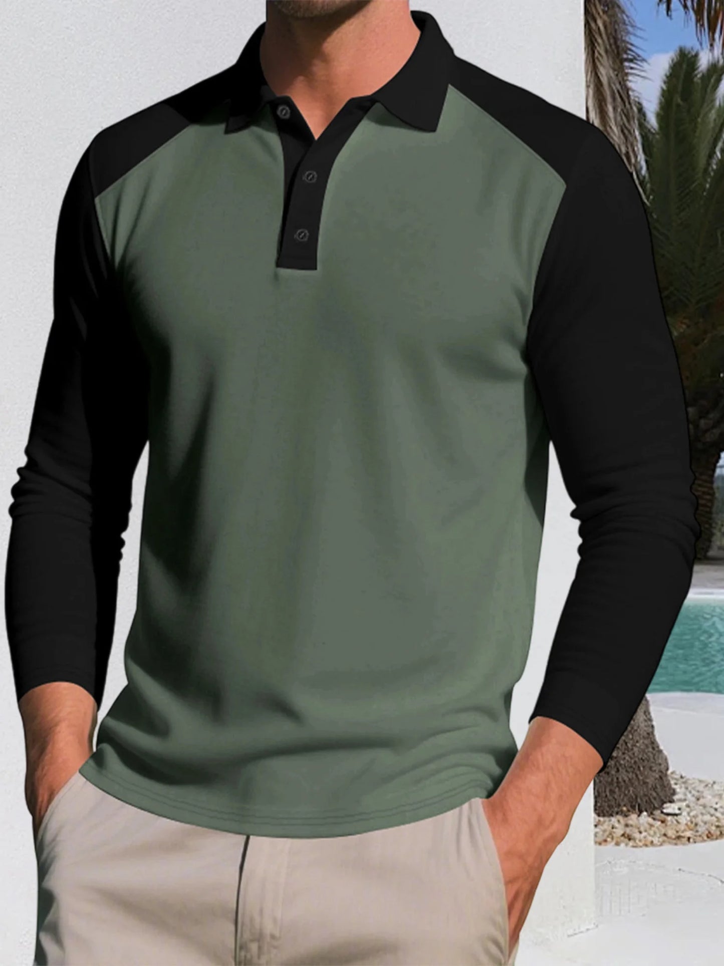 Stylish Men s Long Sleeve T-Shirts with Turn Down Collar and Contrast Color Design for Casual and Workwear Fashion