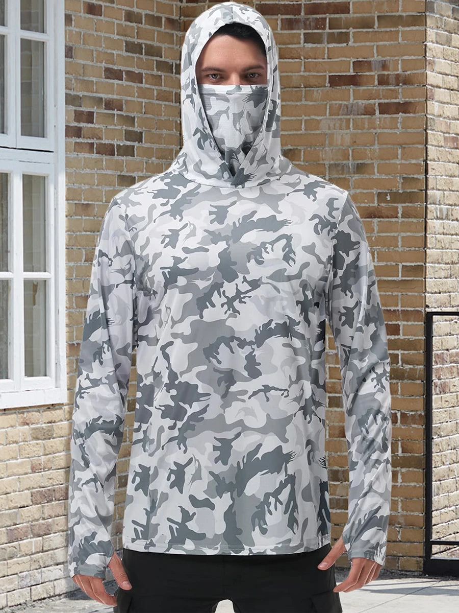 Men s Fishing Shirt Camo Print Hoodie with Built-in Face Mask for Sun Protection and Outdoor Activities like Hiking and Running