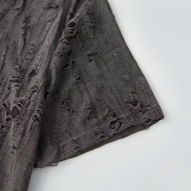 Men s Casual Short Sleeve T-Shirts with Vintage Distressed Texture and Stylish Button Lapel V Neck Design for Summer Wear