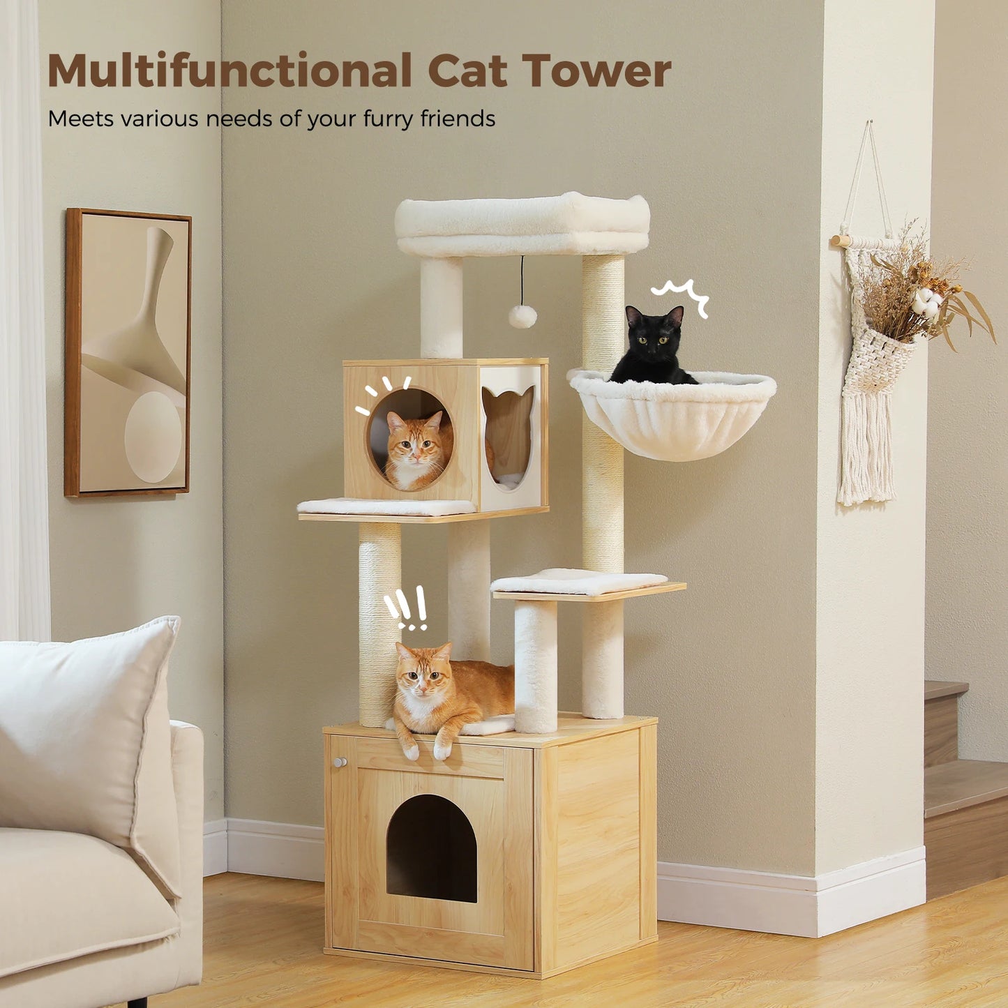 Cat Tree Tower Litter Box Wood Structure Storage with Hammock,Comfy Condo,Anti-Slip Mat,Large Cabinet,Big Platform,Sisal Posts