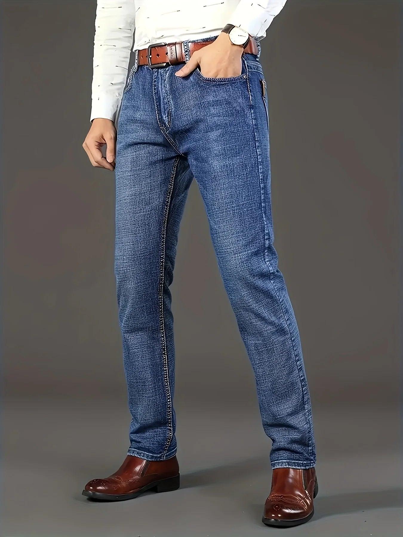 New lightweight and luxurious men's loose straight leg jeans, men's business casual pants, no waistband, suitable for all season