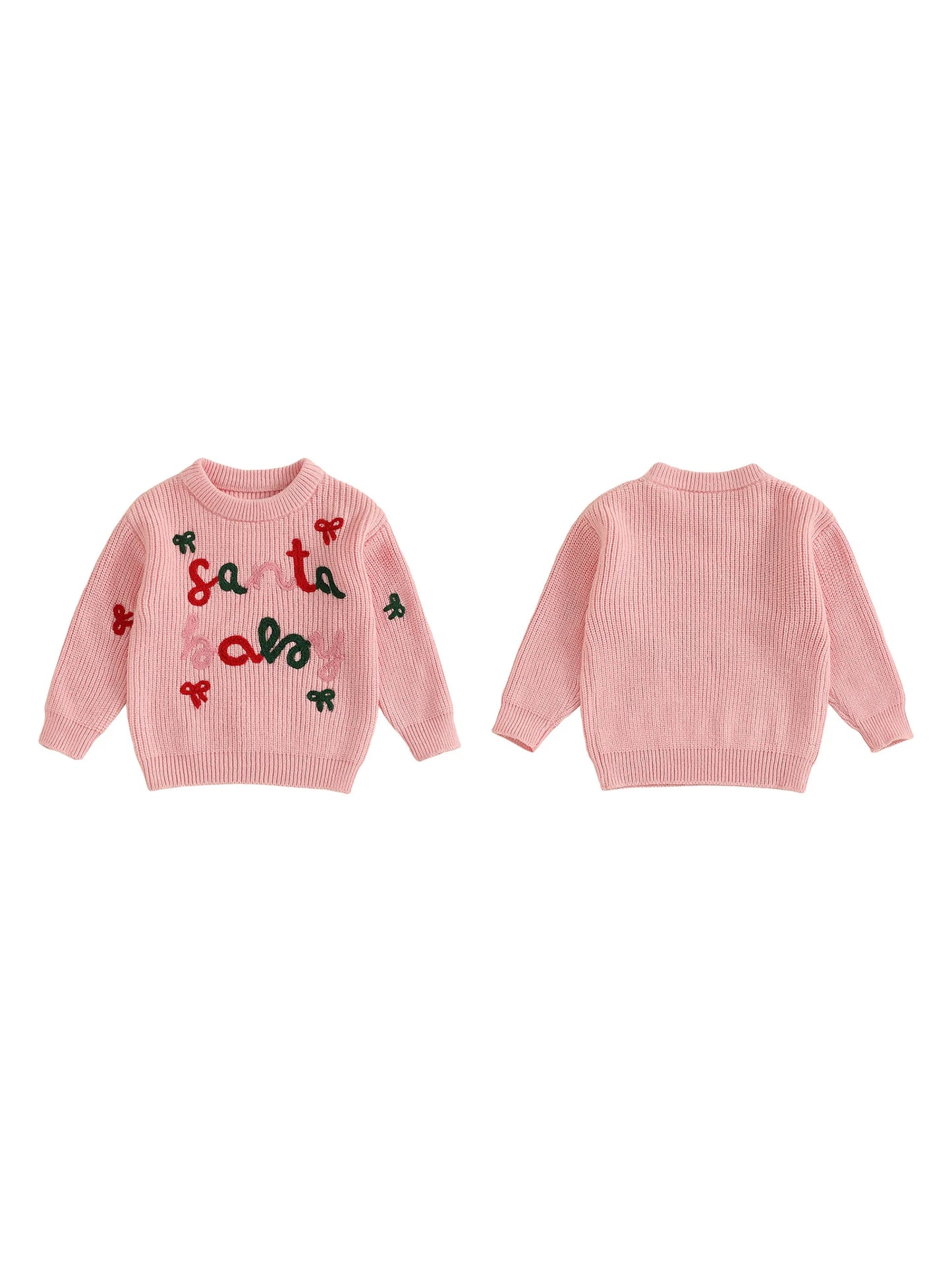 Cute Toddler Christmas Sweaters with Long Sleeves and Round Neckline Adorable Letter and Bow Embroidery Detail on Baby Girl