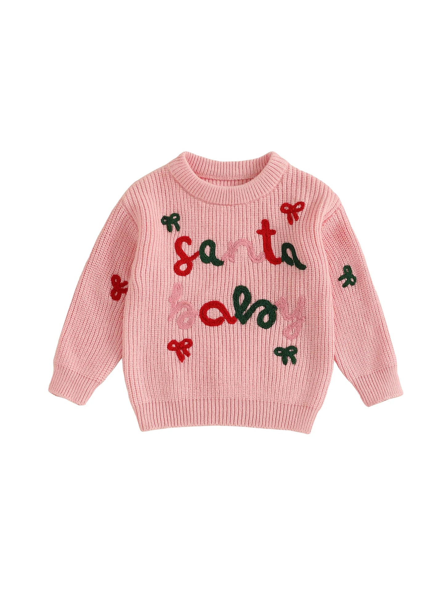 Cute Toddler Christmas Sweaters with Long Sleeves and Round Neckline Adorable Letter and Bow Embroidery Detail on Baby Girl