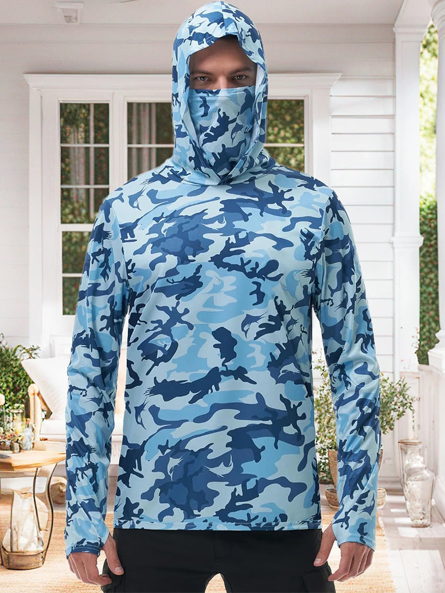 Men s Fishing Shirt Camo Print Hoodie with Built-in Face Mask for Sun Protection and Outdoor Activities like Hiking and Running
