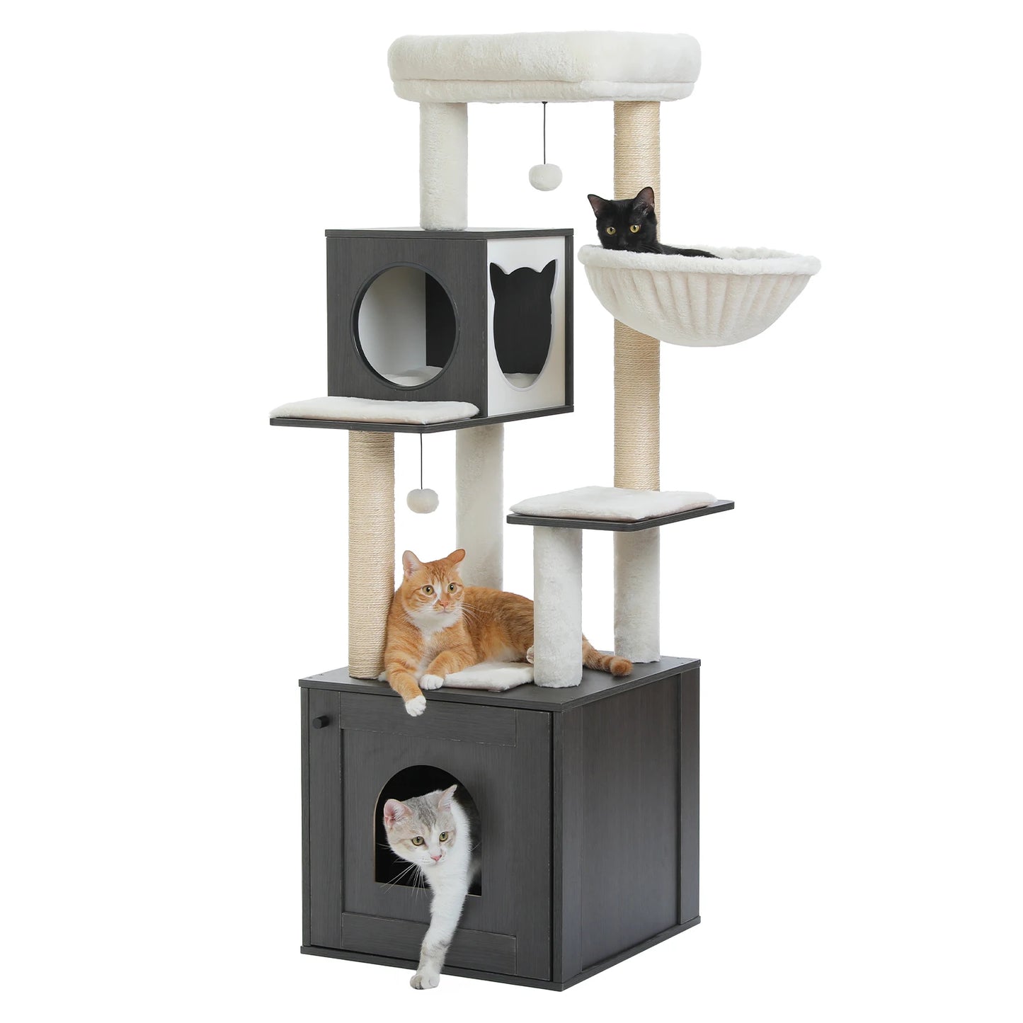 Cat Tree Tower Litter Box Wood Structure Storage with Hammock,Comfy Condo,Anti-Slip Mat,Large Cabinet,Big Platform,Sisal Posts
