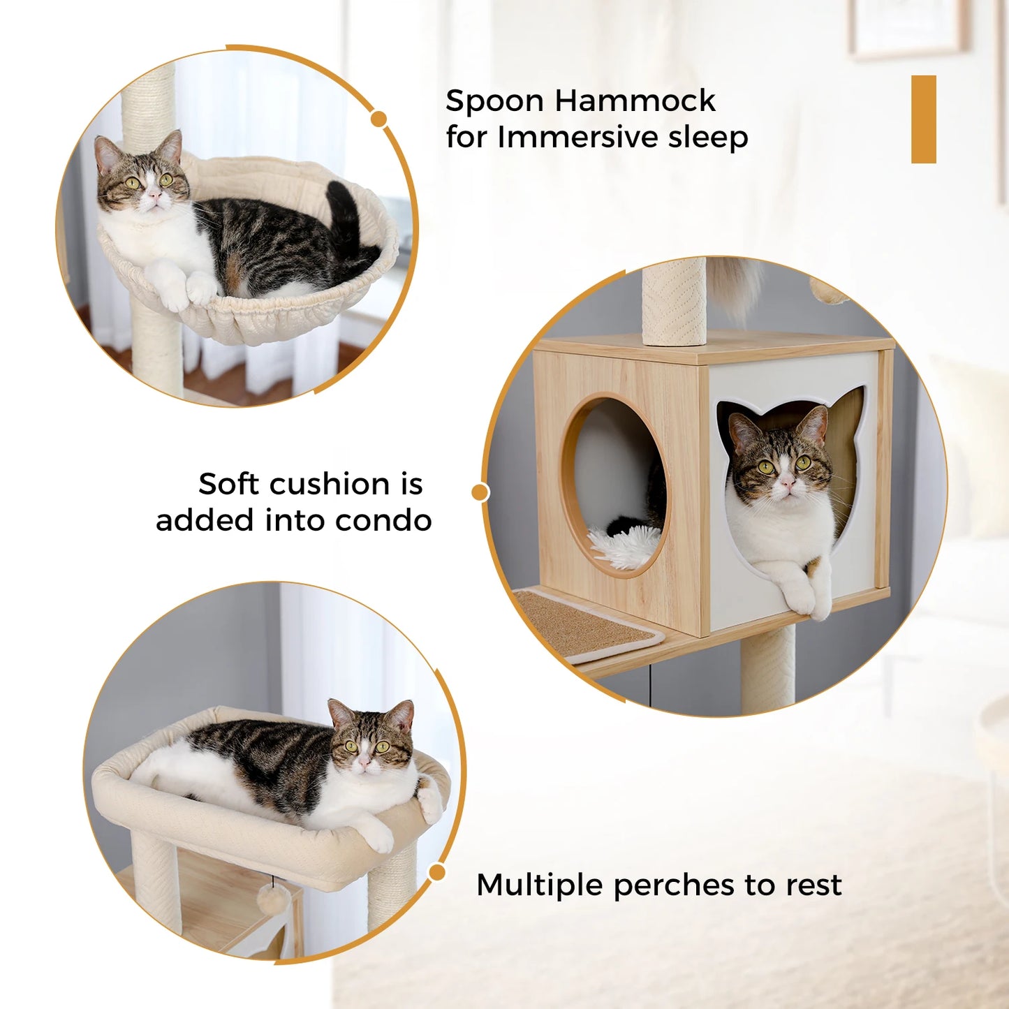 Cat Tree Tower Litter Box Wood Structure Storage with Hammock,Comfy Condo,Anti-Slip Mat,Large Cabinet,Big Platform,Sisal Posts