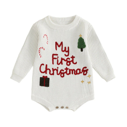 Infant Christmas Romper  with Long Sleeves and Embroidered Candy Cane Design Festive Holiday Jumpsuit for Baby Girl