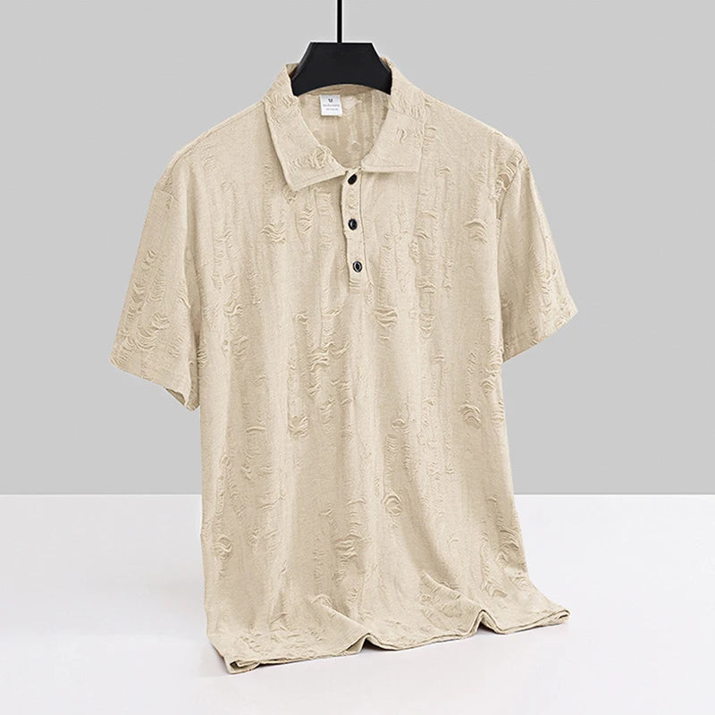 Men s Casual Short Sleeve T-Shirts with Vintage Distressed Texture and Stylish Button Lapel V Neck Design for Summer Wear