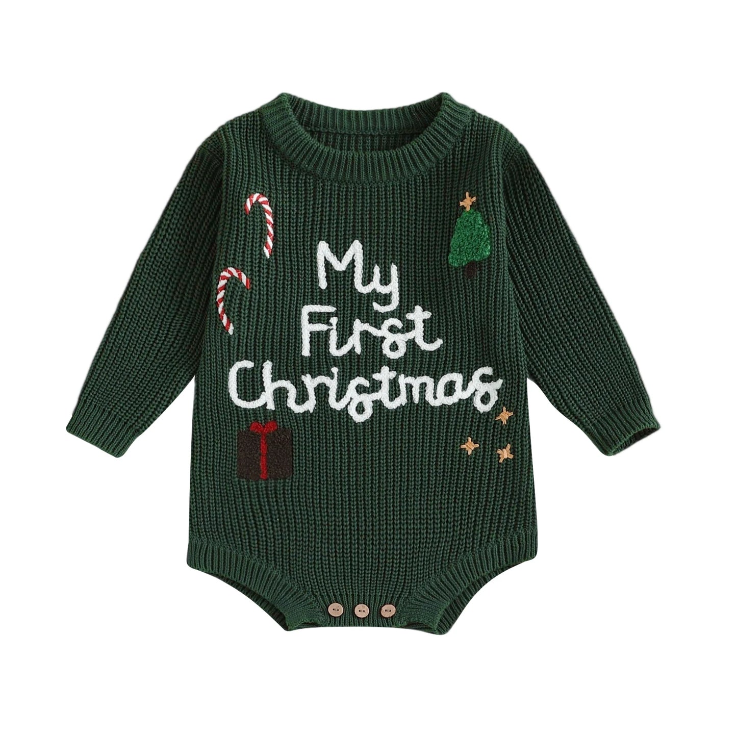 Infant Christmas Romper  with Long Sleeves and Embroidered Candy Cane Design Festive Holiday Jumpsuit for Baby Girl