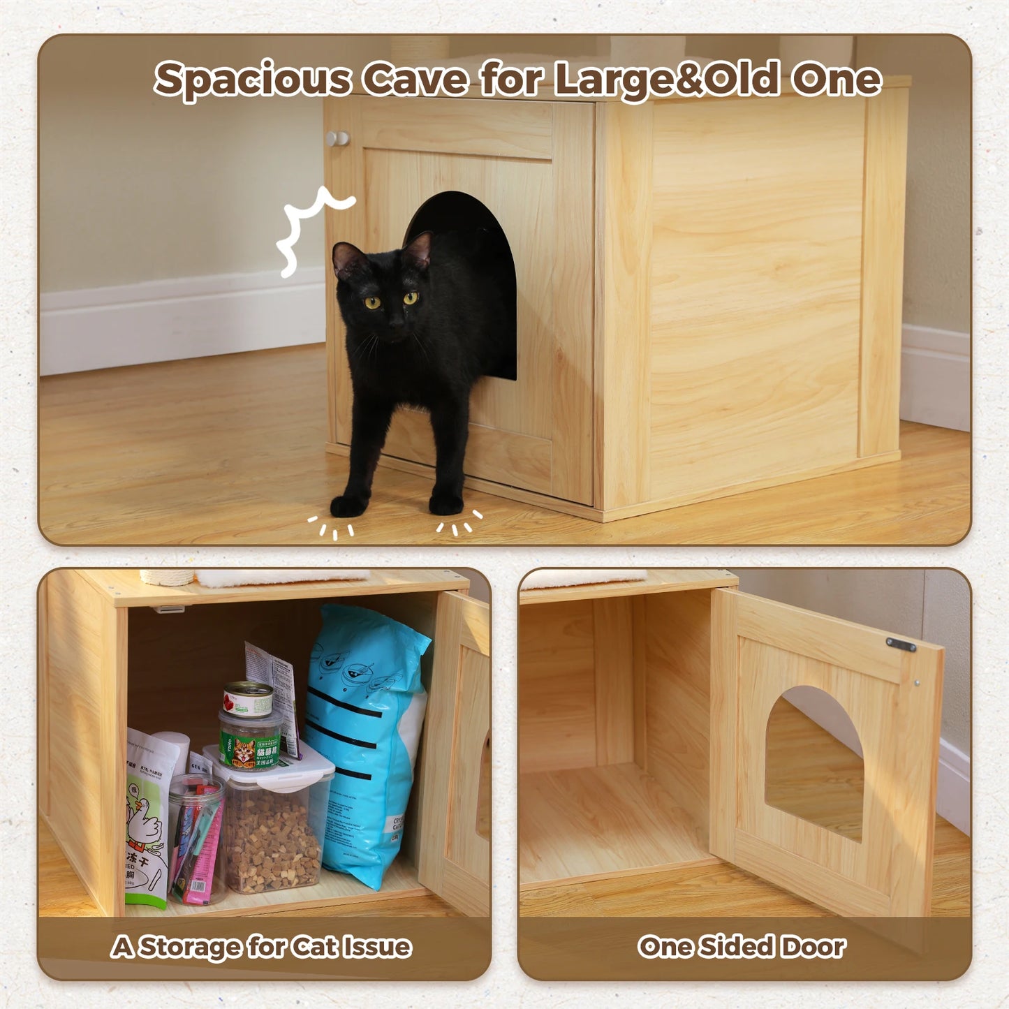Cat Tree Tower Litter Box Wood Structure Storage with Hammock,Comfy Condo,Anti-Slip Mat,Large Cabinet,Big Platform,Sisal Posts