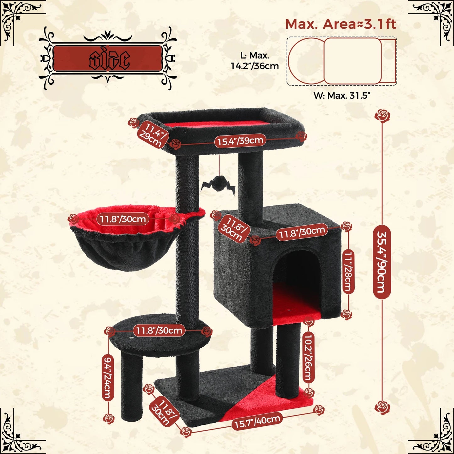 90cm Cat Tree with Scratching Post, Dangling Bell Ball,Spacious Top Bed,Cozy Hammock,Private Cat Condo Suitble for Indoor Cats