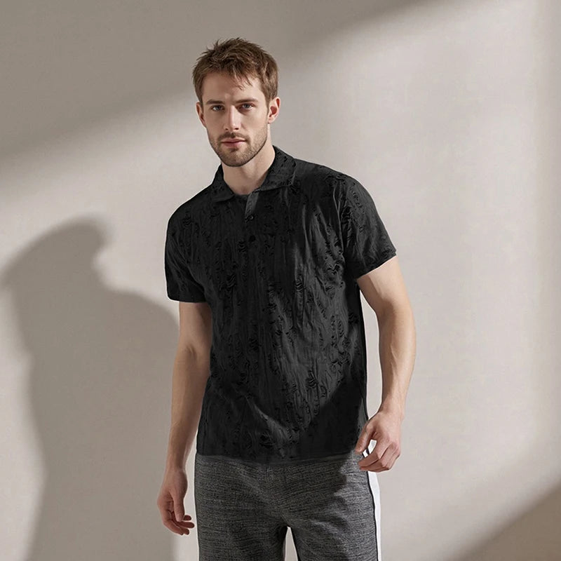 Men s Casual Short Sleeve T-Shirts with Vintage Distressed Texture and Stylish Button Lapel V Neck Design for Summer Wear