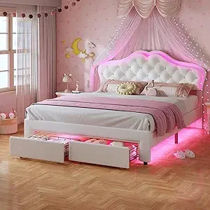 Twin Size Girl Bed with Storage Drawer & LED Lights, Upholstered Platform Bed, Adjustable Headboard with Velvet Crystal Button P