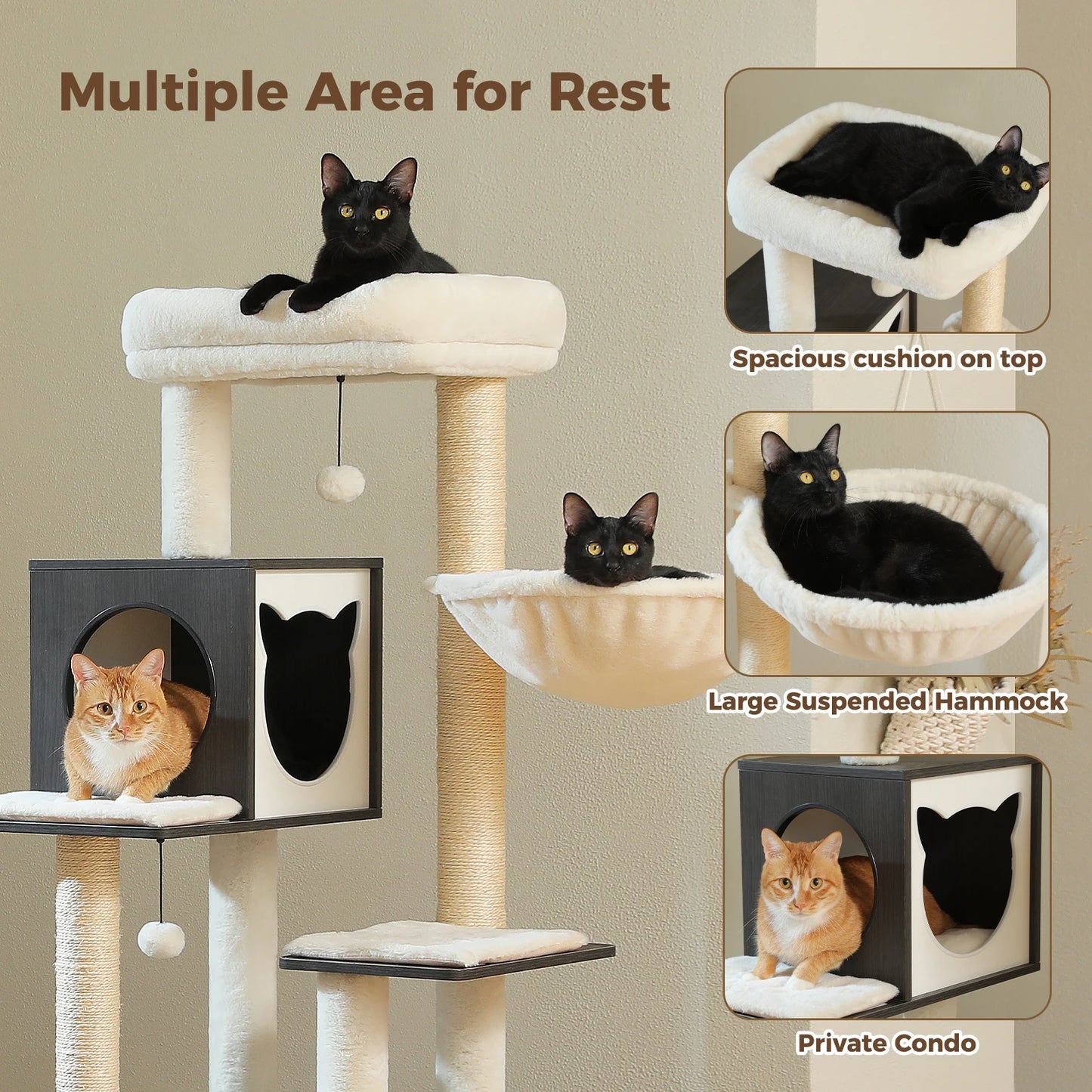 Cat Tree Tower Litter Box Wood Structure Storage with Hammock,Comfy Condo,Anti-Slip Mat,Large Cabinet,Big Platform,Sisal Posts
