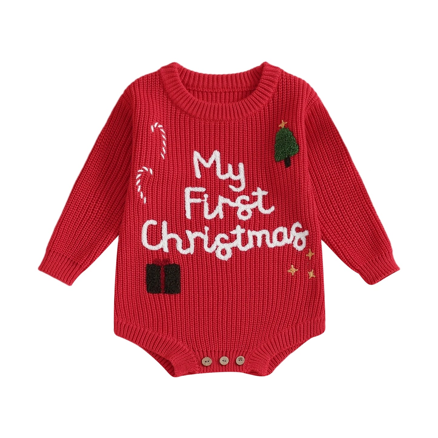 Infant Christmas Romper  with Long Sleeves and Embroidered Candy Cane Design Festive Holiday Jumpsuit for Baby Girl