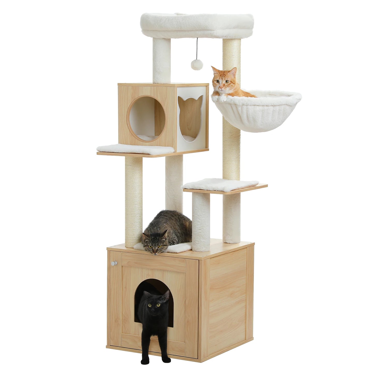 Cat Tree Tower Litter Box Wood Structure Storage with Hammock,Comfy Condo,Anti-Slip Mat,Large Cabinet,Big Platform,Sisal Posts