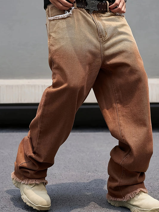 Retro vintage washed denim pants for men, loose straight leg, hanging feeling, wide leg, hip-hop gradient coffee color pants