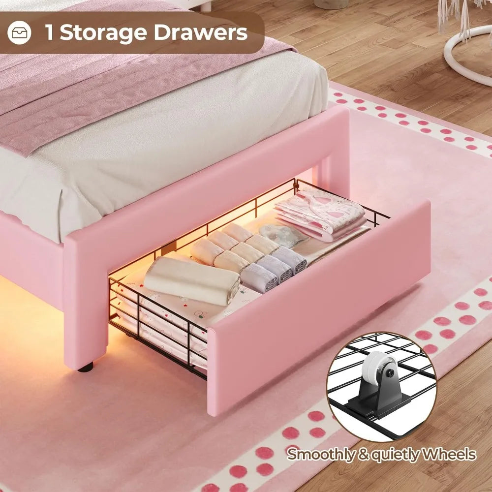 Twin Size Girl Bed with Storage Drawer & LED Lights, Upholstered Platform Bed, Adjustable Headboard with Velvet Crystal Button P