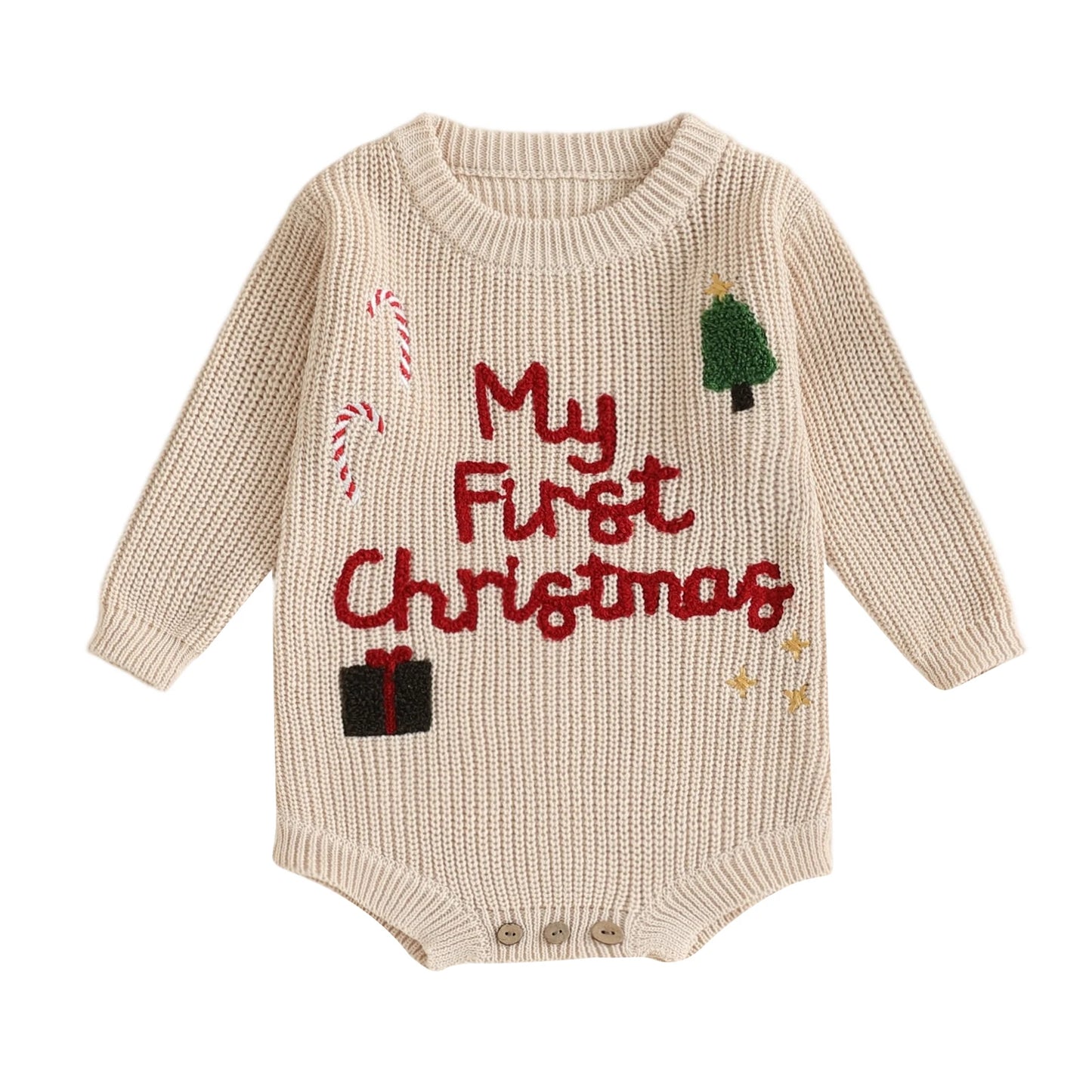 Infant Christmas Romper  with Long Sleeves and Embroidered Candy Cane Design Festive Holiday Jumpsuit for Baby Girl