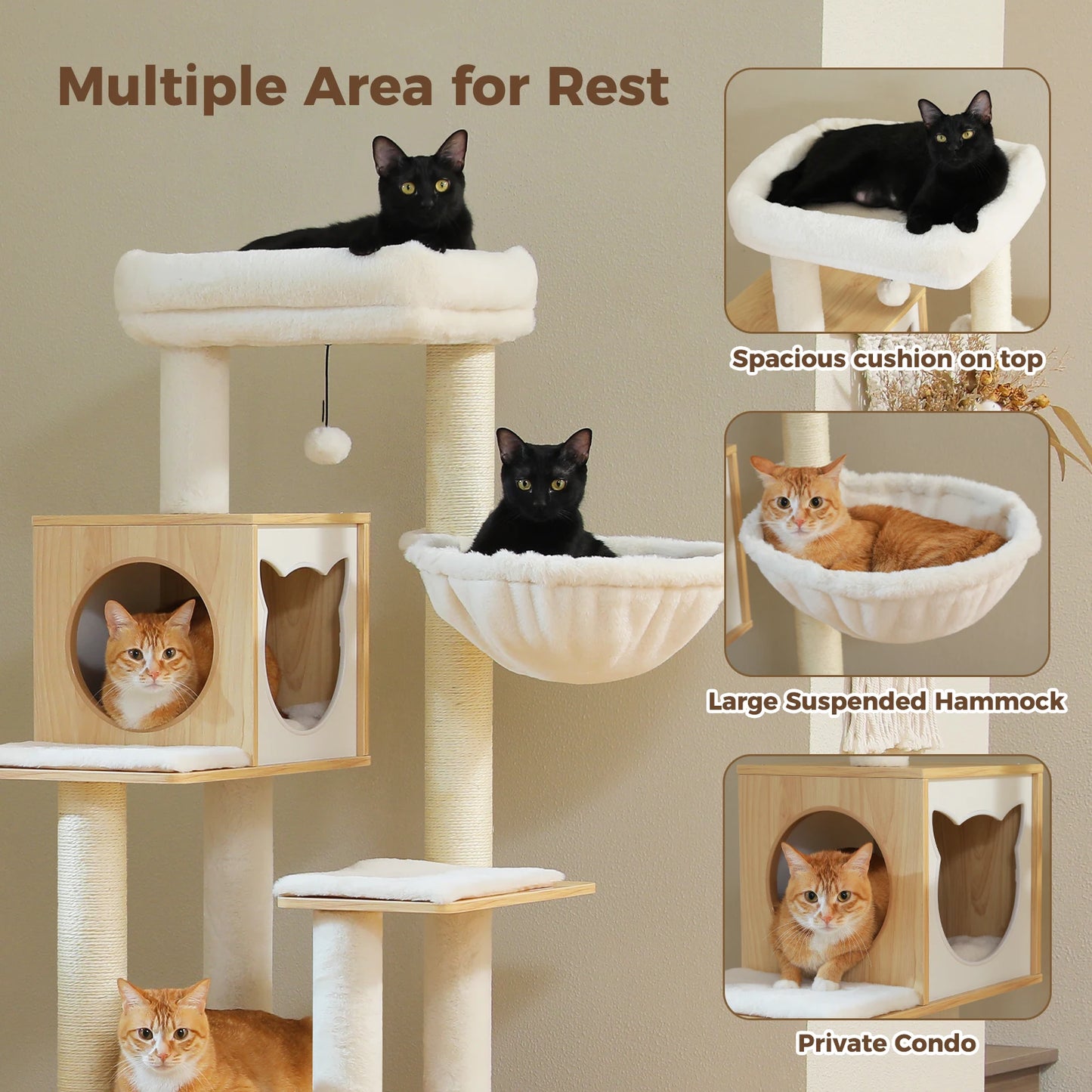 Cat Tree Tower Litter Box Wood Structure Storage with Hammock,Comfy Condo,Anti-Slip Mat,Large Cabinet,Big Platform,Sisal Posts
