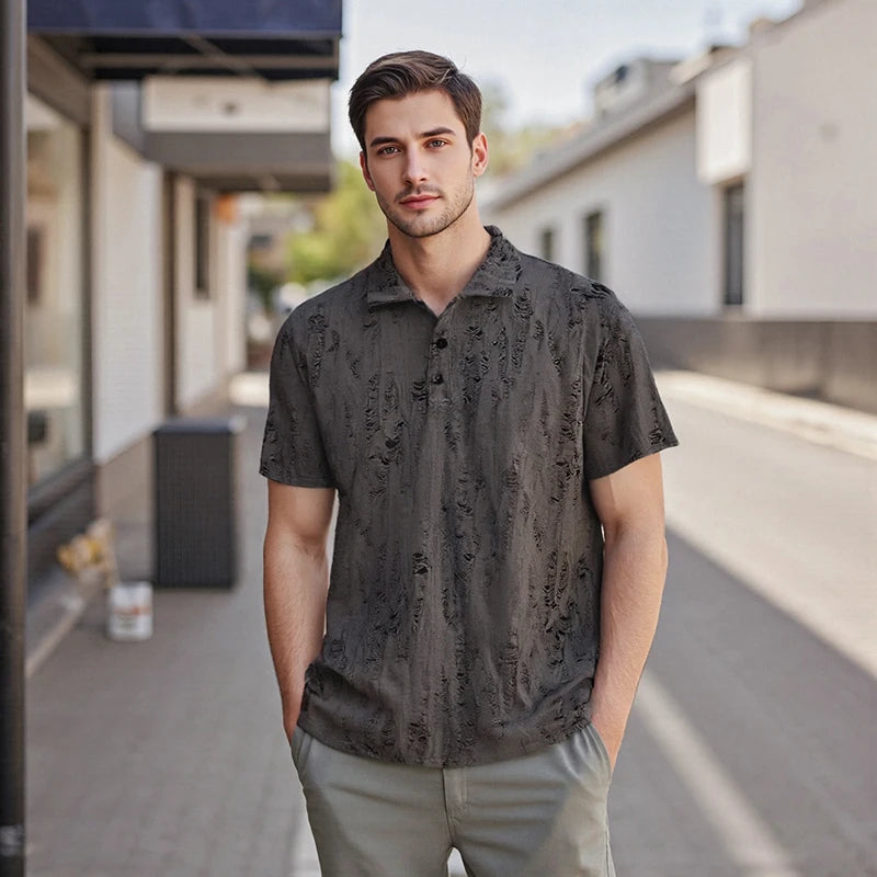 Men s Casual Short Sleeve T-Shirts with Vintage Distressed Texture and Stylish Button Lapel V Neck Design for Summer Wear