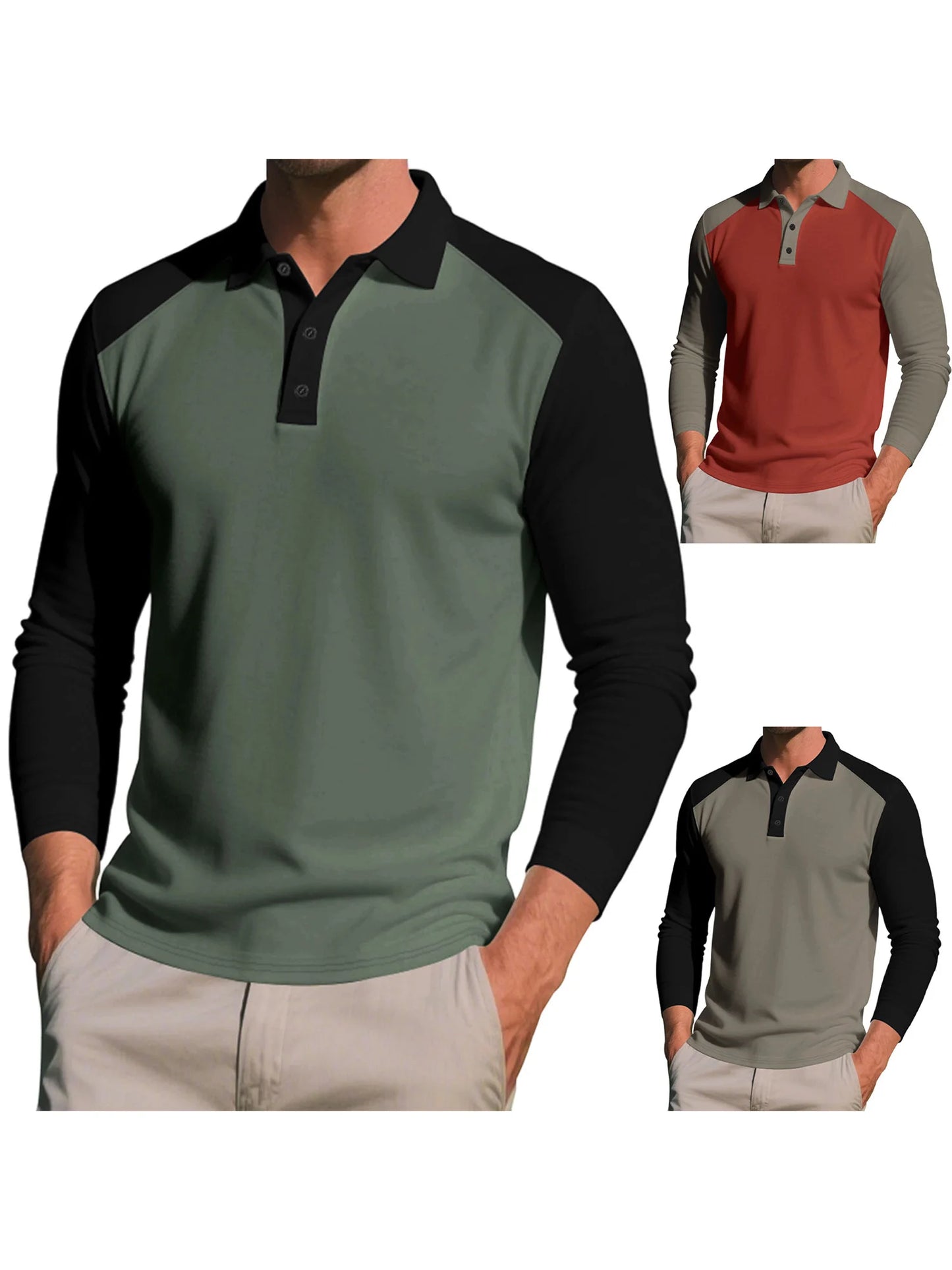 Stylish Men s Long Sleeve T-Shirts with Turn Down Collar and Contrast Color Design for Casual and Workwear Fashion