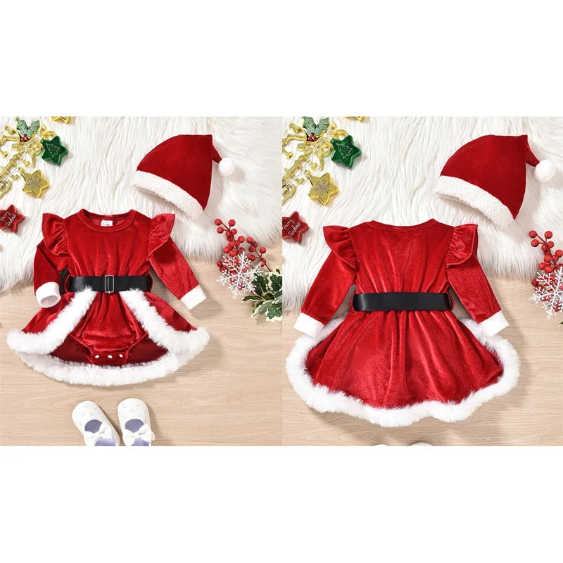 0-18 Months Baby Girls Christmas Velvet Romper Dress Terry Trim Long Sleeve Jumpsuit Santa Hat Adorable Fall Outfits