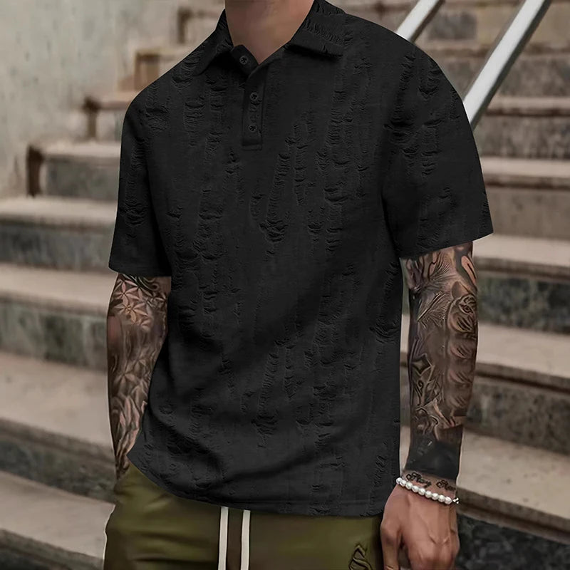 Men s Casual Short Sleeve T-Shirts with Vintage Distressed Texture and Stylish Button Lapel V Neck Design for Summer Wear