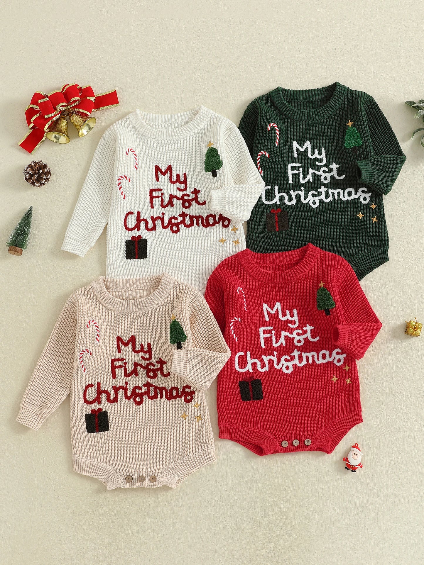 Infant Christmas Romper  with Long Sleeves and Embroidered Candy Cane Design Festive Holiday Jumpsuit for Baby Girl