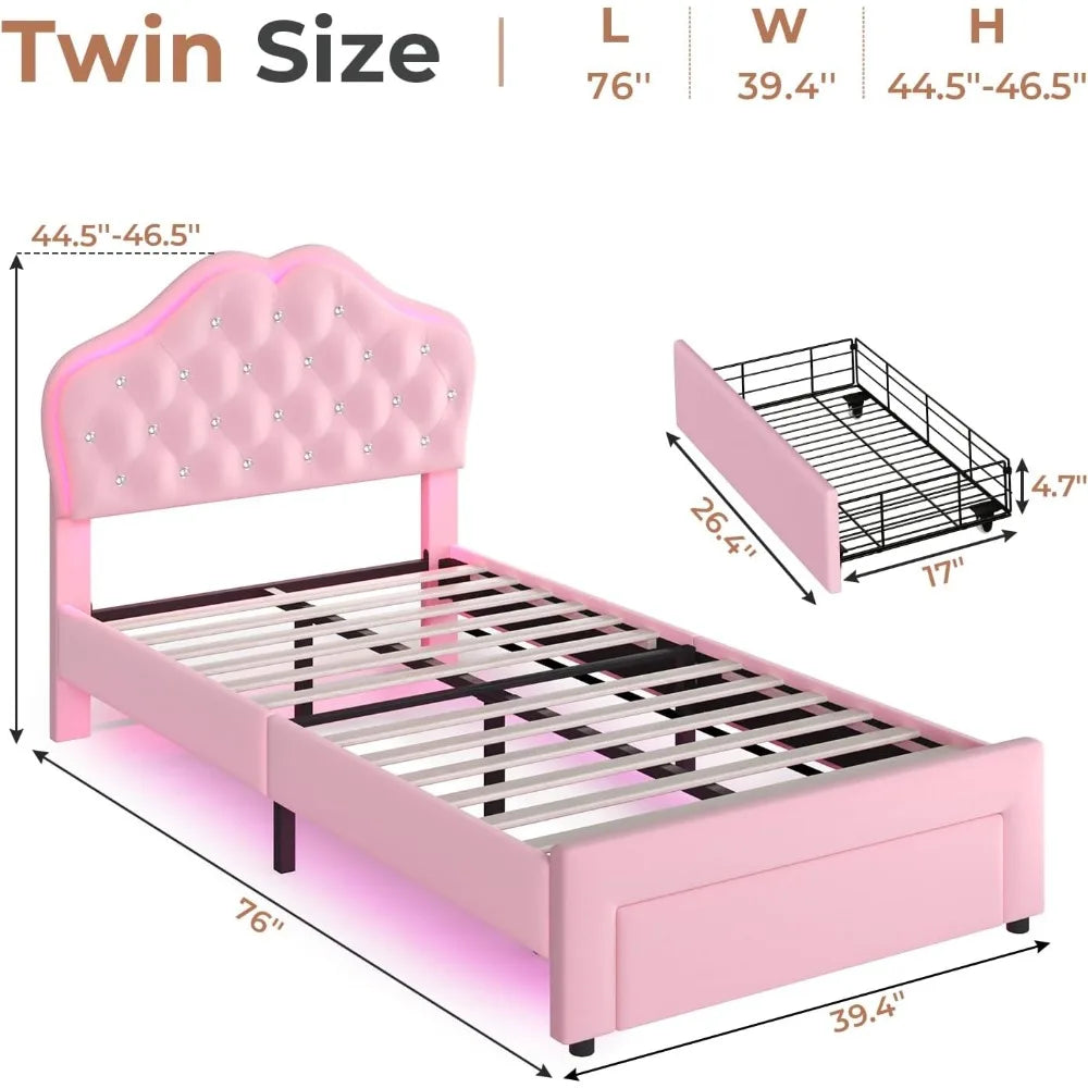 Twin Size Girl Bed with Storage Drawer & LED Lights, Upholstered Platform Bed, Adjustable Headboard with Velvet Crystal Button P