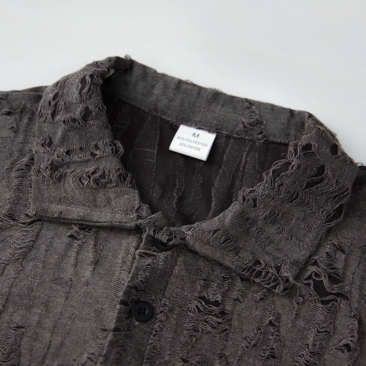 Men s Casual Short Sleeve T-Shirts with Vintage Distressed Texture and Stylish Button Lapel V Neck Design for Summer Wear