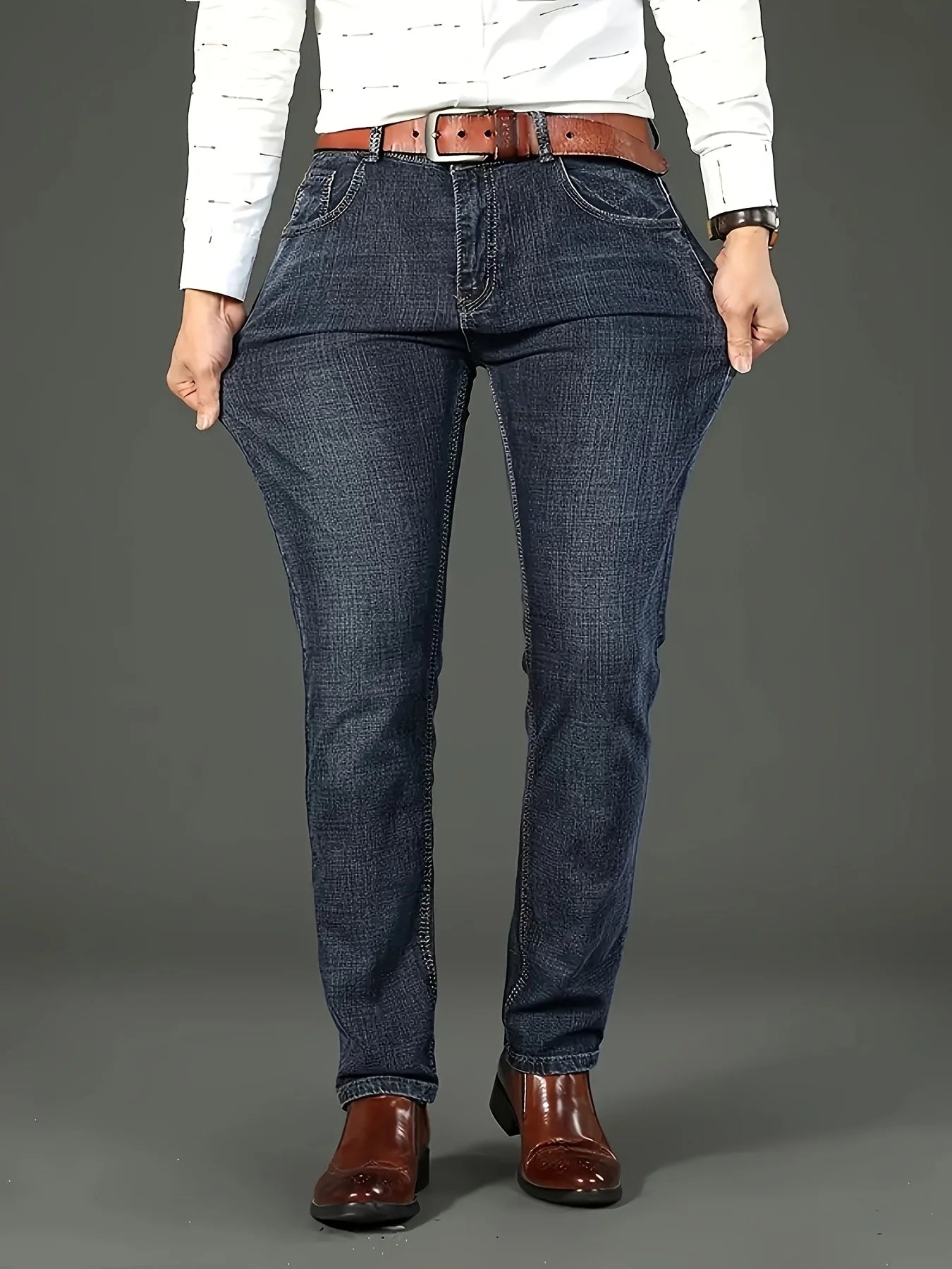 New lightweight and luxurious men's loose straight leg jeans, men's business casual pants, no waistband, suitable for all season