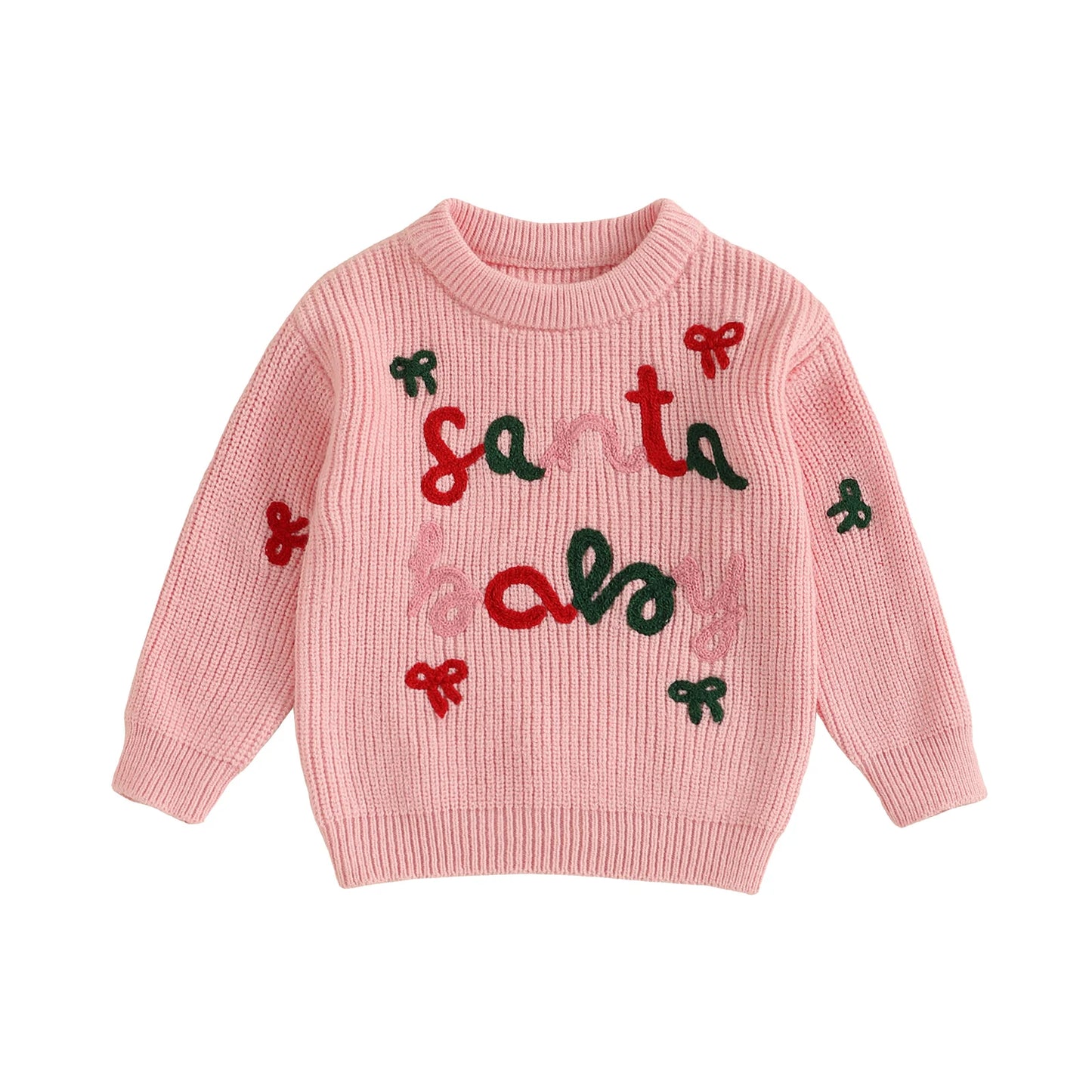 Cute Toddler Christmas Sweaters with Long Sleeves and Round Neckline Adorable Letter and Bow Embroidery Detail on Baby Girl