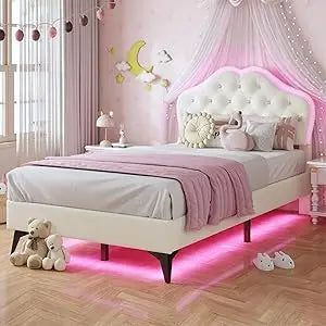 Twin Size Girl Bed with Storage Drawer & LED Lights, Upholstered Platform Bed, Adjustable Headboard with Velvet Crystal Button P
