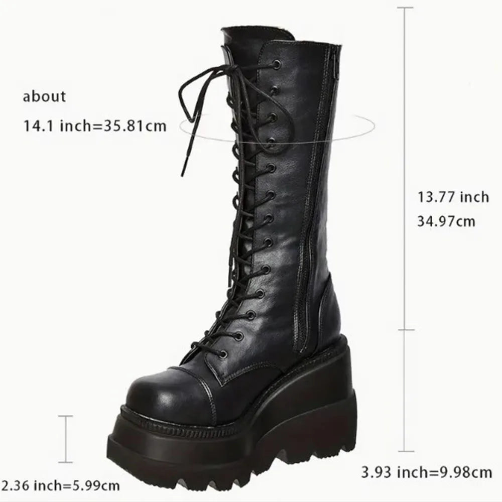 DoraTasia Black Gothic Fashion Round Toe Side Zipper Lace Up Women's Mid Calf Boots New INS Christmas Street Party Shoes Woman