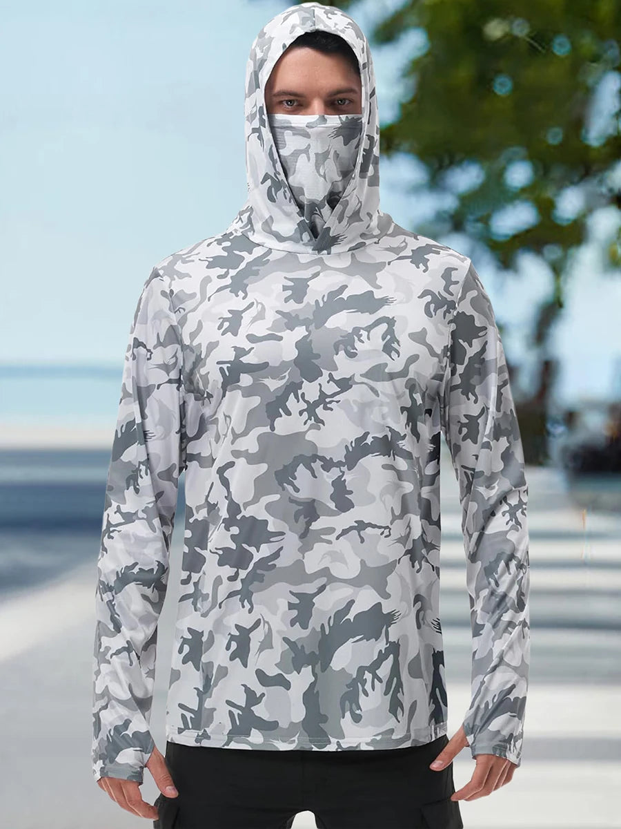 Men s Fishing Shirt Camo Print Hoodie with Built-in Face Mask for Sun Protection and Outdoor Activities like Hiking and Running