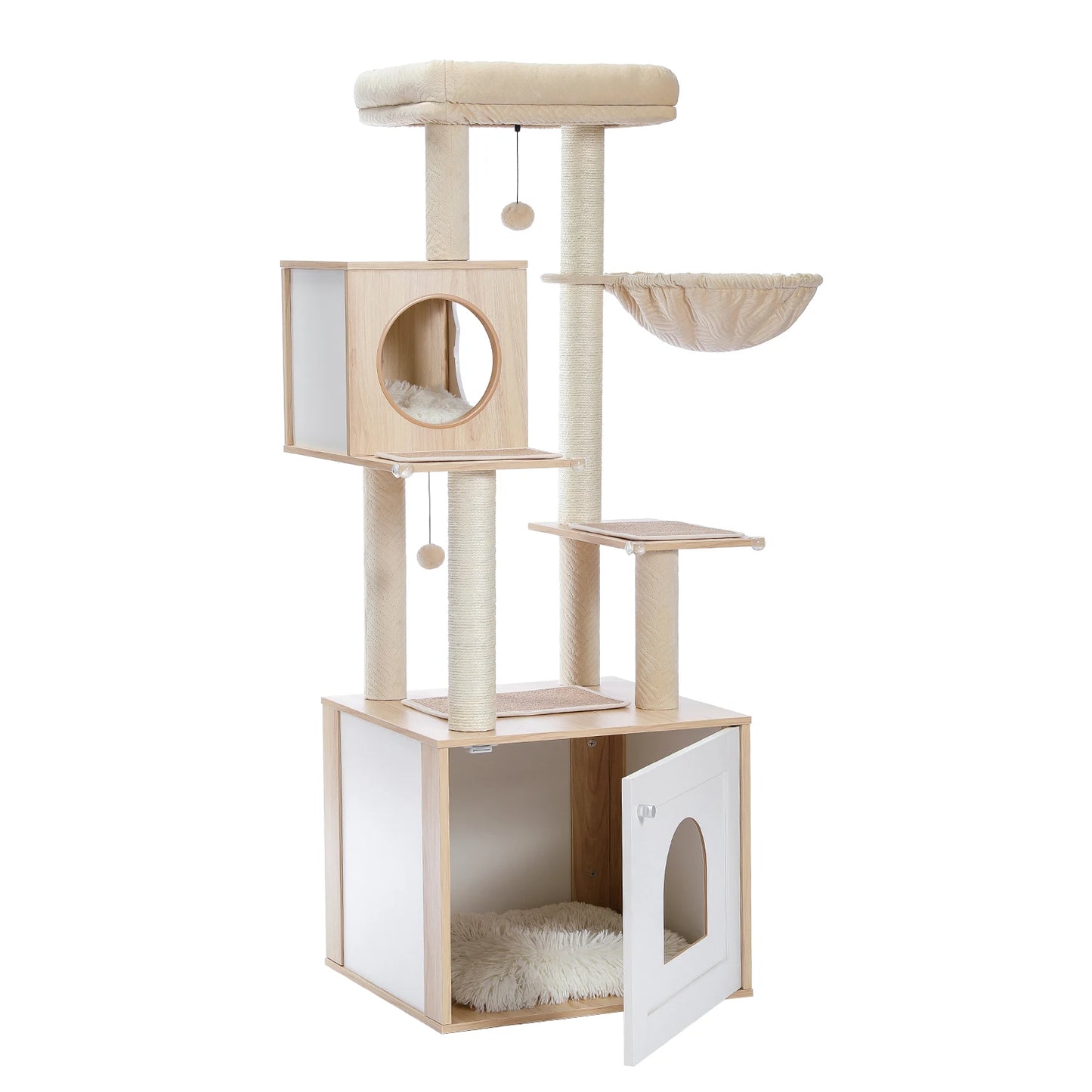 Cat Tree Tower Litter Box Wood Structure Storage with Hammock,Comfy Condo,Anti-Slip Mat,Large Cabinet,Big Platform,Sisal Posts