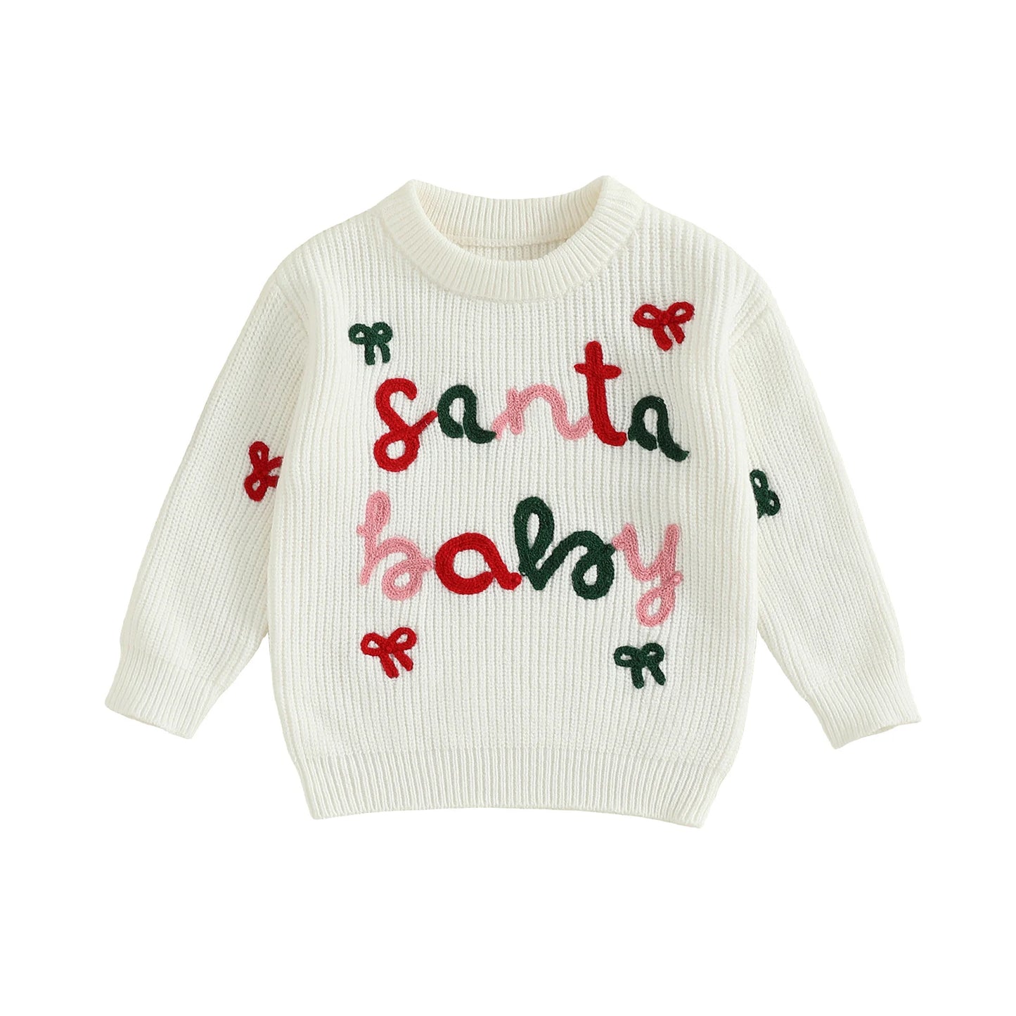 Cute Toddler Christmas Sweaters with Long Sleeves and Round Neckline Adorable Letter and Bow Embroidery Detail on Baby Girl